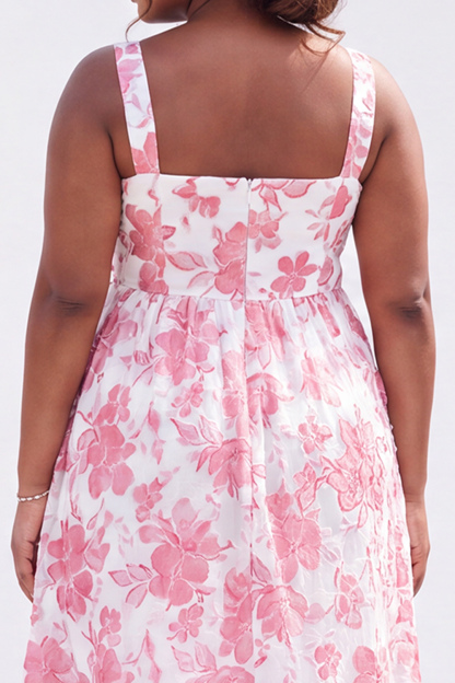 Blue Plus Size A-Line Square Neck Floral Midi Wedding Guest Dress