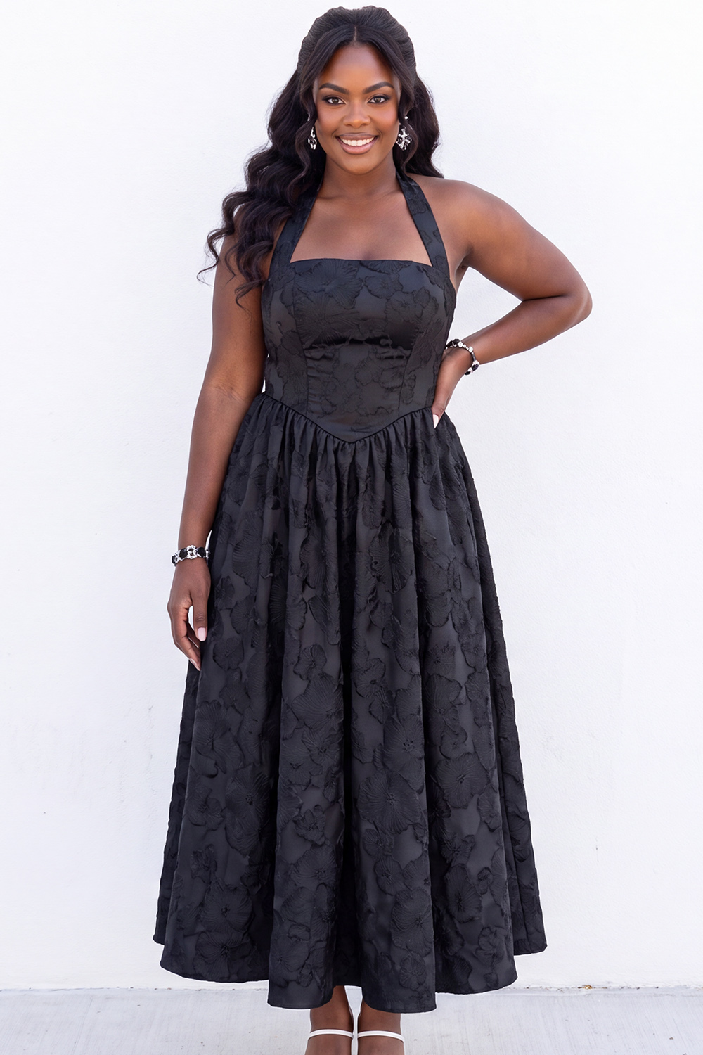 Dressself Women Red Jacquard Plus Size Wedding Guest Dress A Line Halter Floral Midi Party Dress