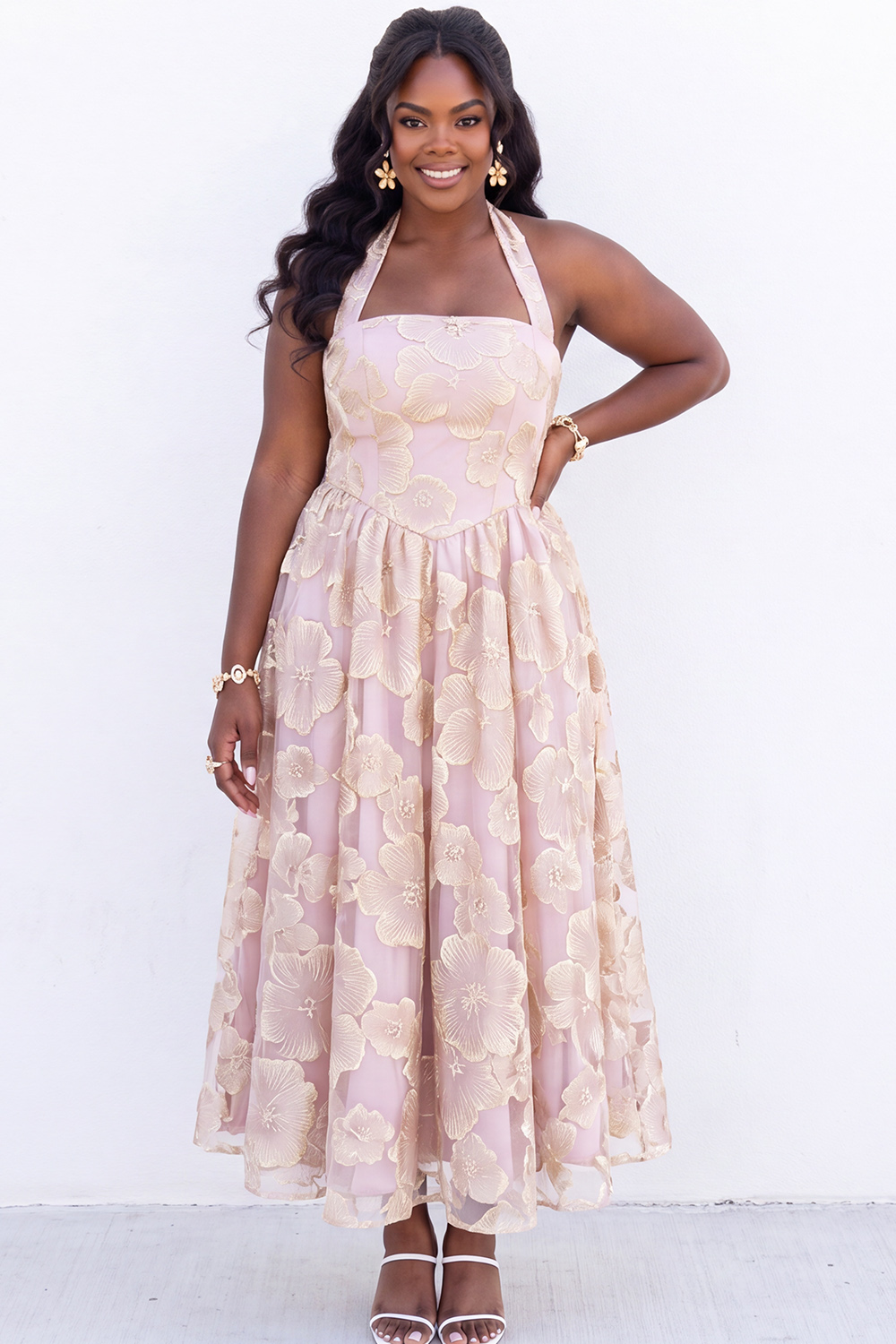Blush Pink A-Line Halter Floral Midi Plus Size Wedding Guest Dress
