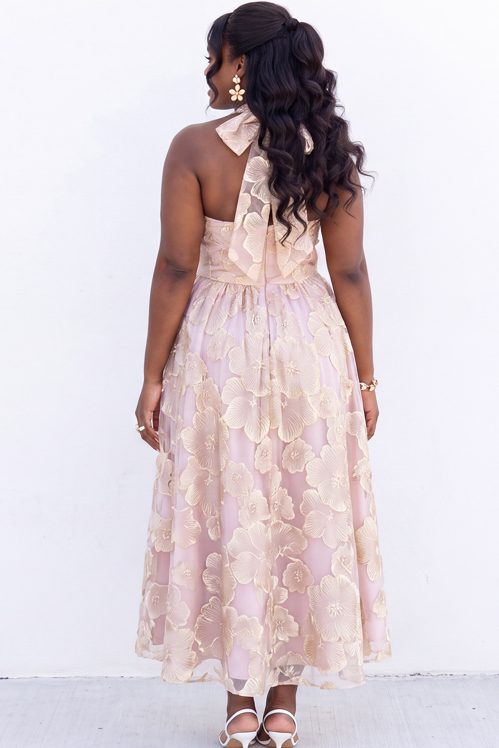 Blush Pink A-Line Halter Floral Midi Plus Size Wedding Guest Dress