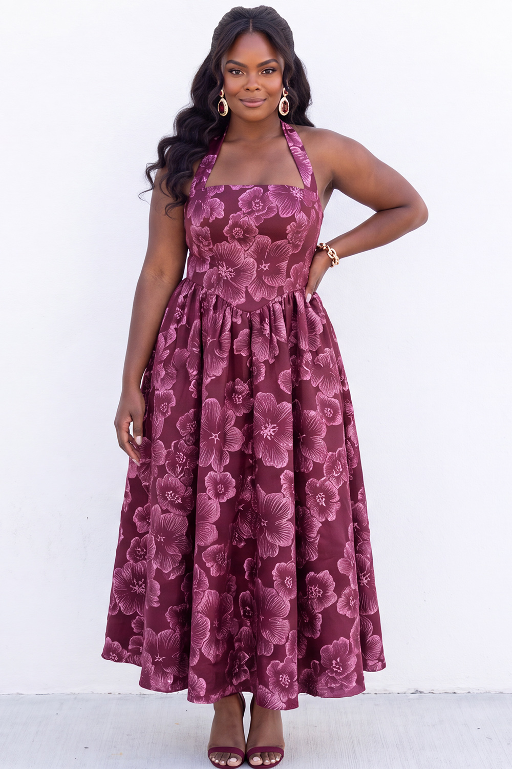 Blush Pink A-Line Halter Floral Midi Plus Size Wedding Guest Dress