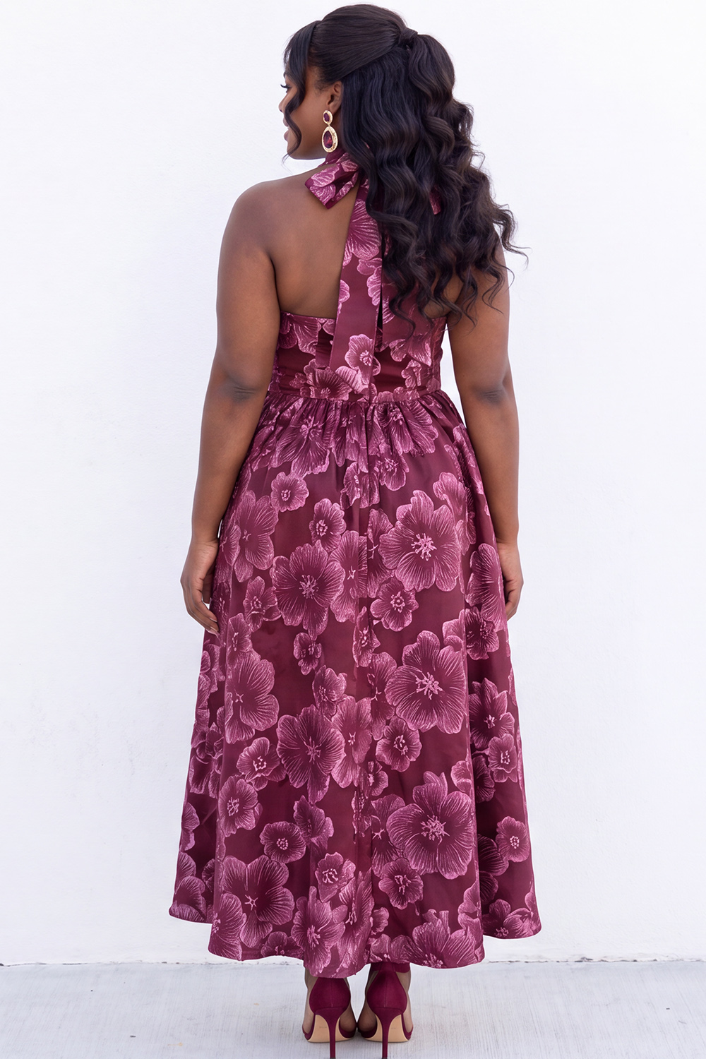 Blush Pink A-Line Halter Floral Midi Plus Size Wedding Guest Dress