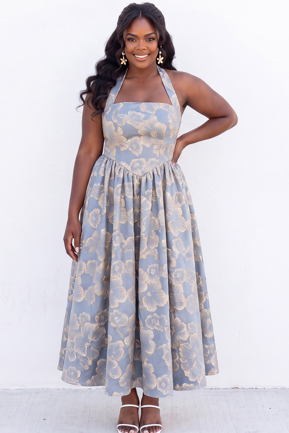 Blush Pink A-Line Halter Floral Midi Plus Size Wedding Guest Dress