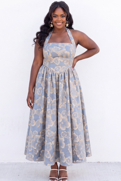 Blush Pink A-Line Halter Floral Midi Plus Size Wedding Guest Dress