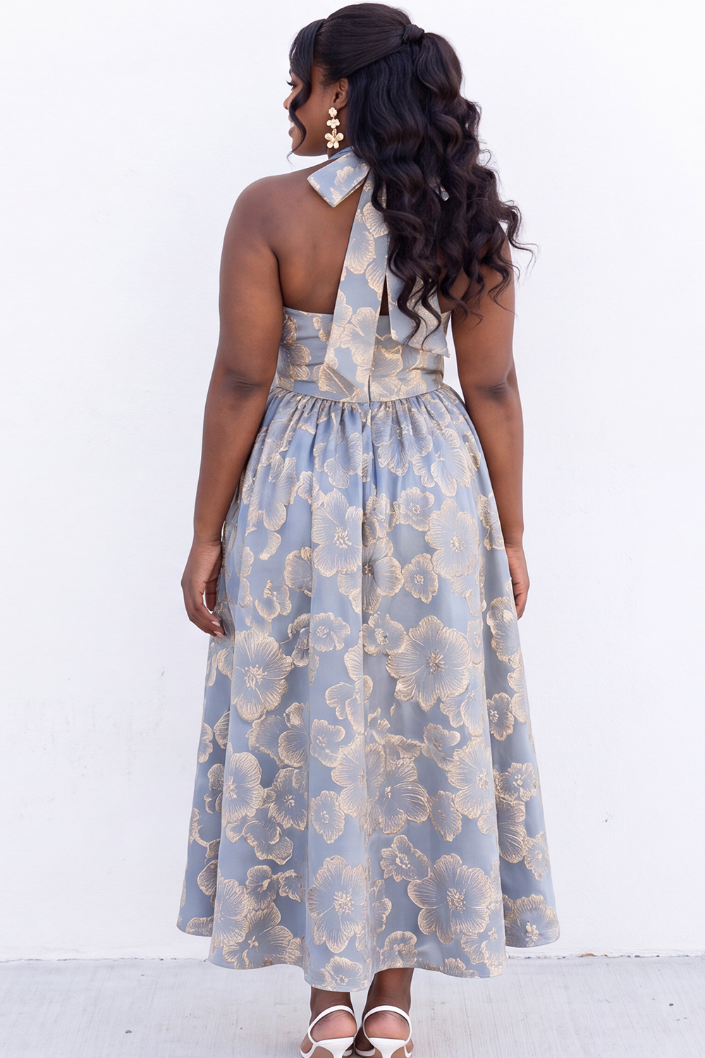 Blush Pink A-Line Halter Floral Midi Plus Size Wedding Guest Dress