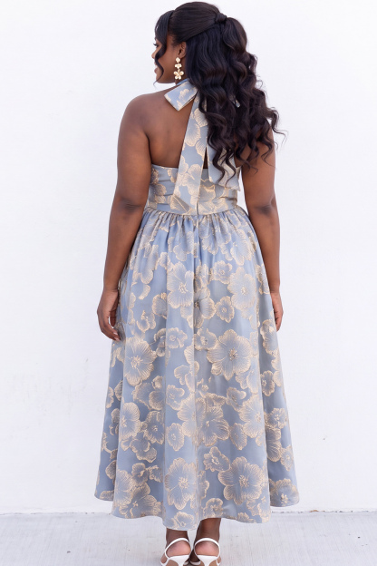Blush Pink A-Line Halter Floral Midi Plus Size Wedding Guest Dress