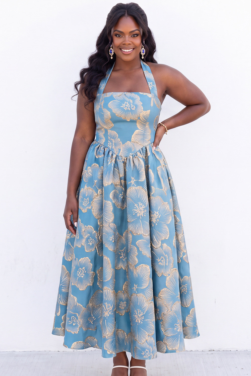 Blush Pink A-Line Halter Floral Midi Plus Size Wedding Guest Dress