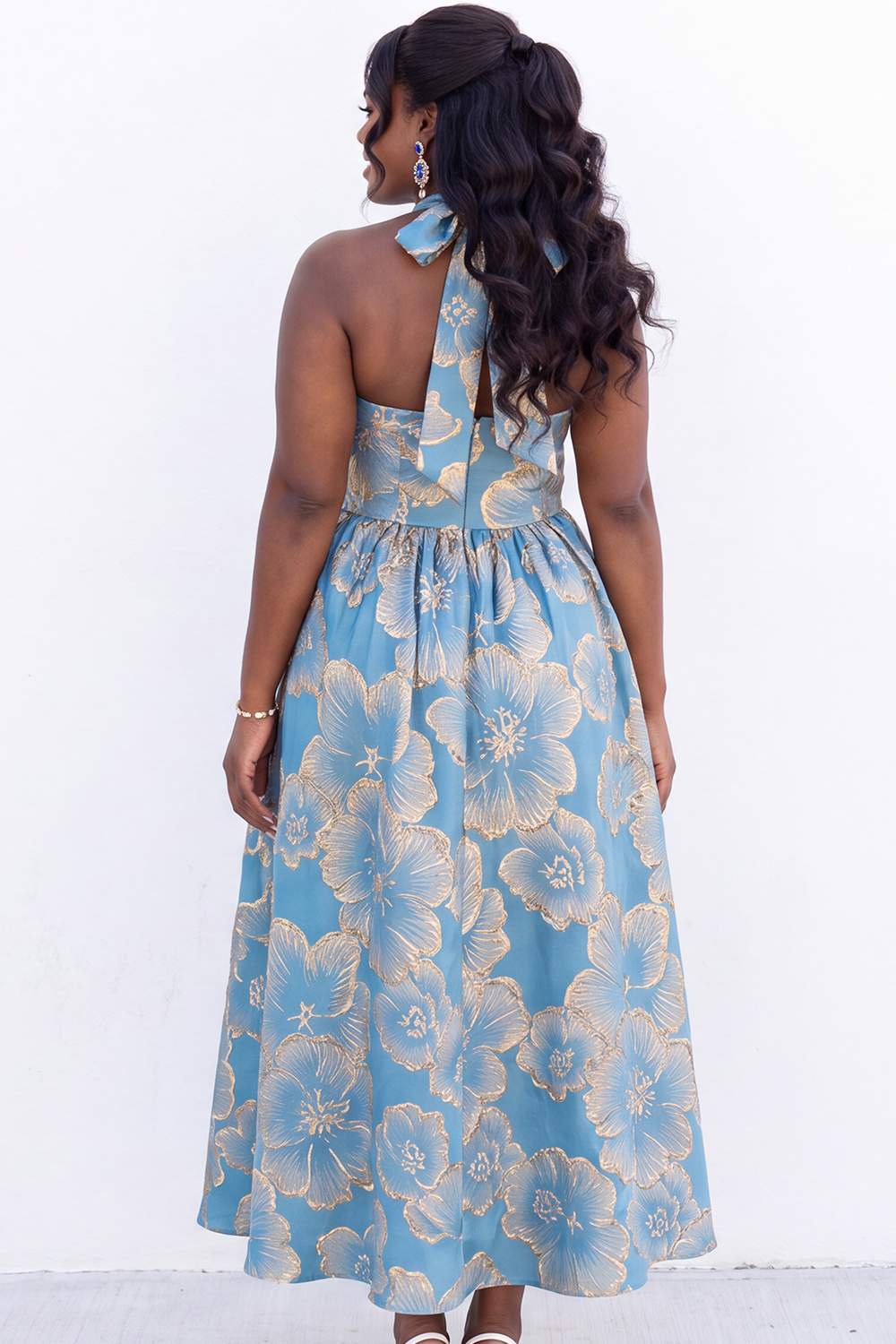 Blush Pink A-Line Halter Floral Midi Plus Size Wedding Guest Dress