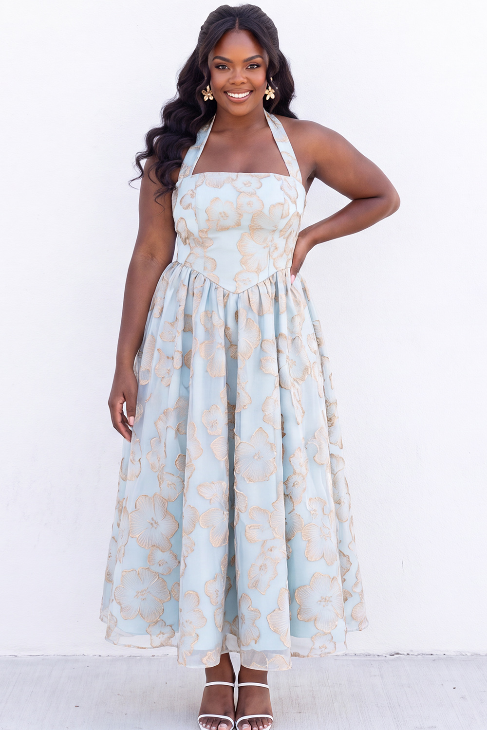 Blush Pink A-Line Halter Floral Midi Plus Size Wedding Guest Dress