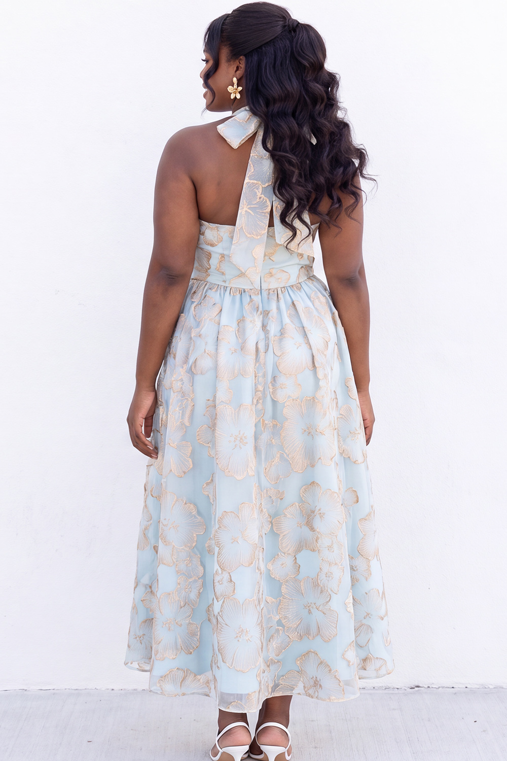 Blush Pink A-Line Halter Floral Midi Plus Size Wedding Guest Dress
