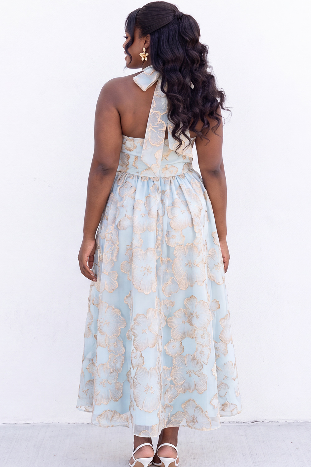 Blush Pink A-Line Halter Floral Midi Plus Size Wedding Guest Dress