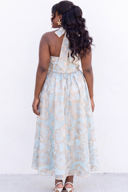 Blush Pink A-Line Halter Floral Midi Plus Size Wedding Guest Dress