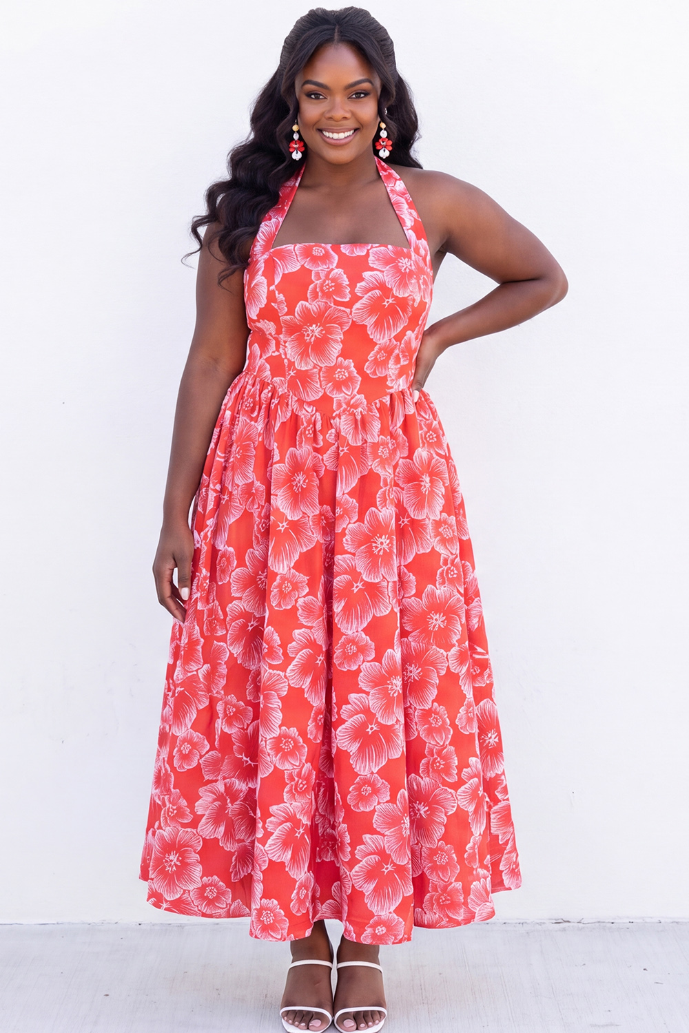 Blush Pink A-Line Halter Floral Midi Plus Size Wedding Guest Dress