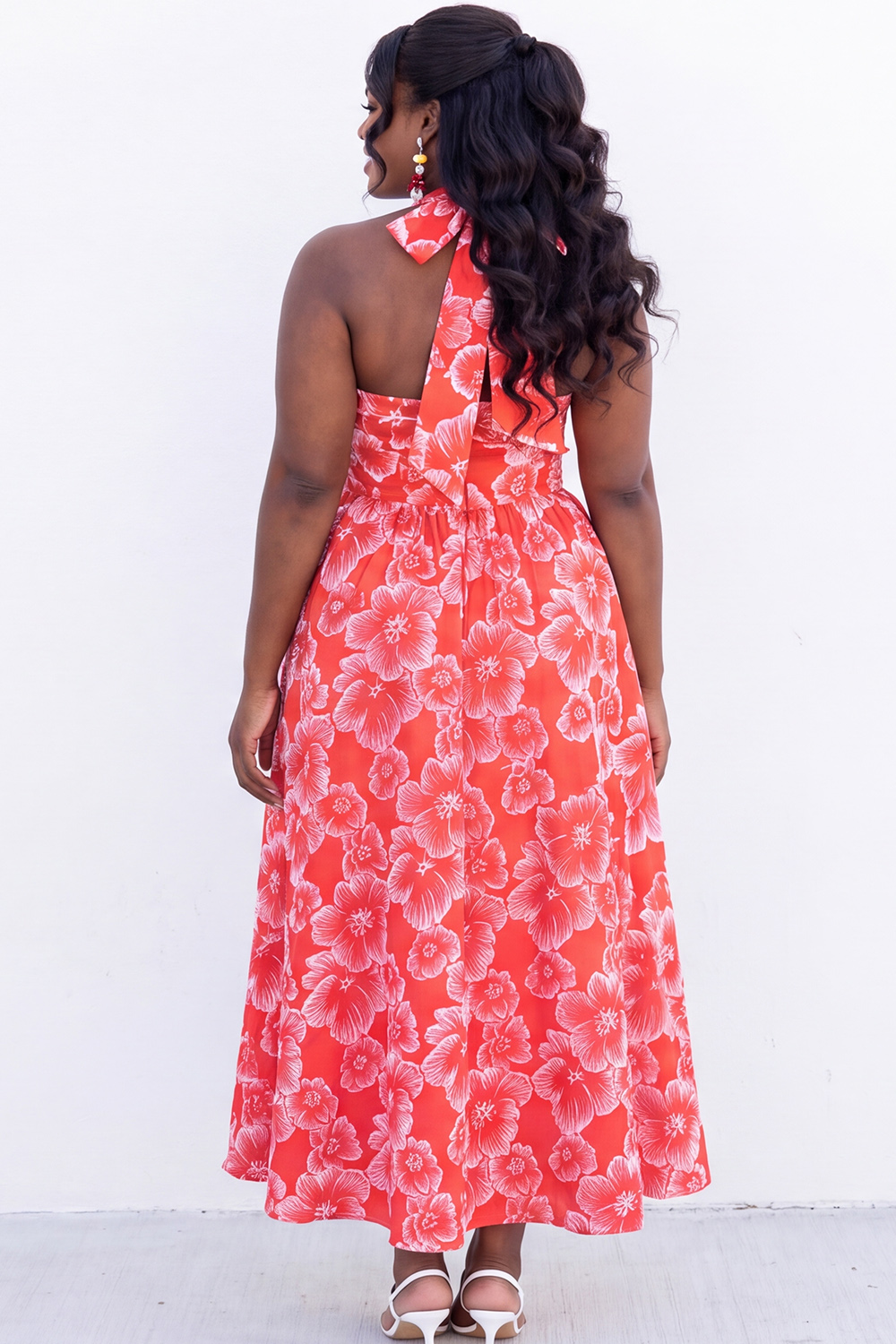 Blush Pink A-Line Halter Floral Midi Plus Size Wedding Guest Dress