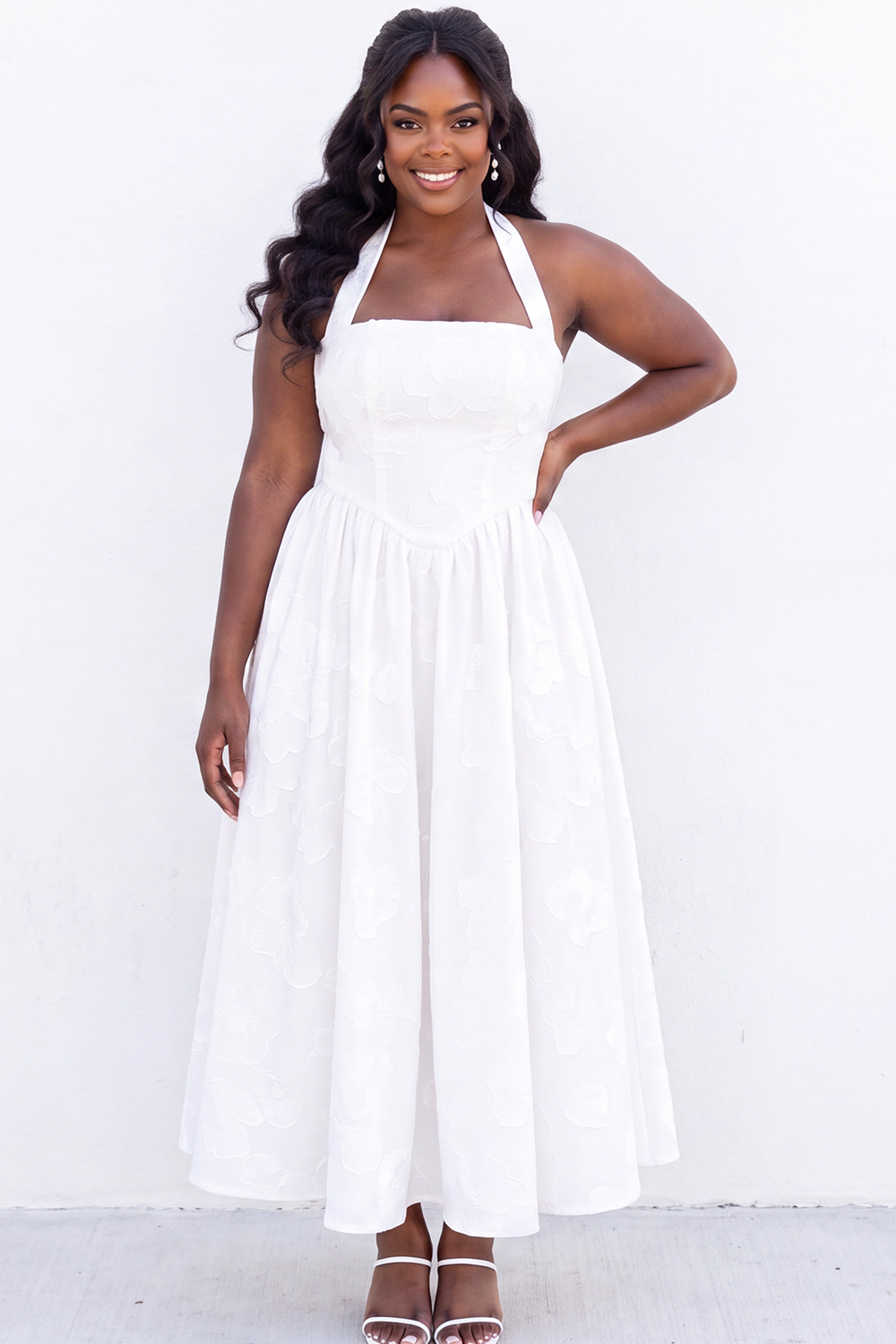 Blush Pink A-Line Halter Floral Midi Plus Size Wedding Guest Dress