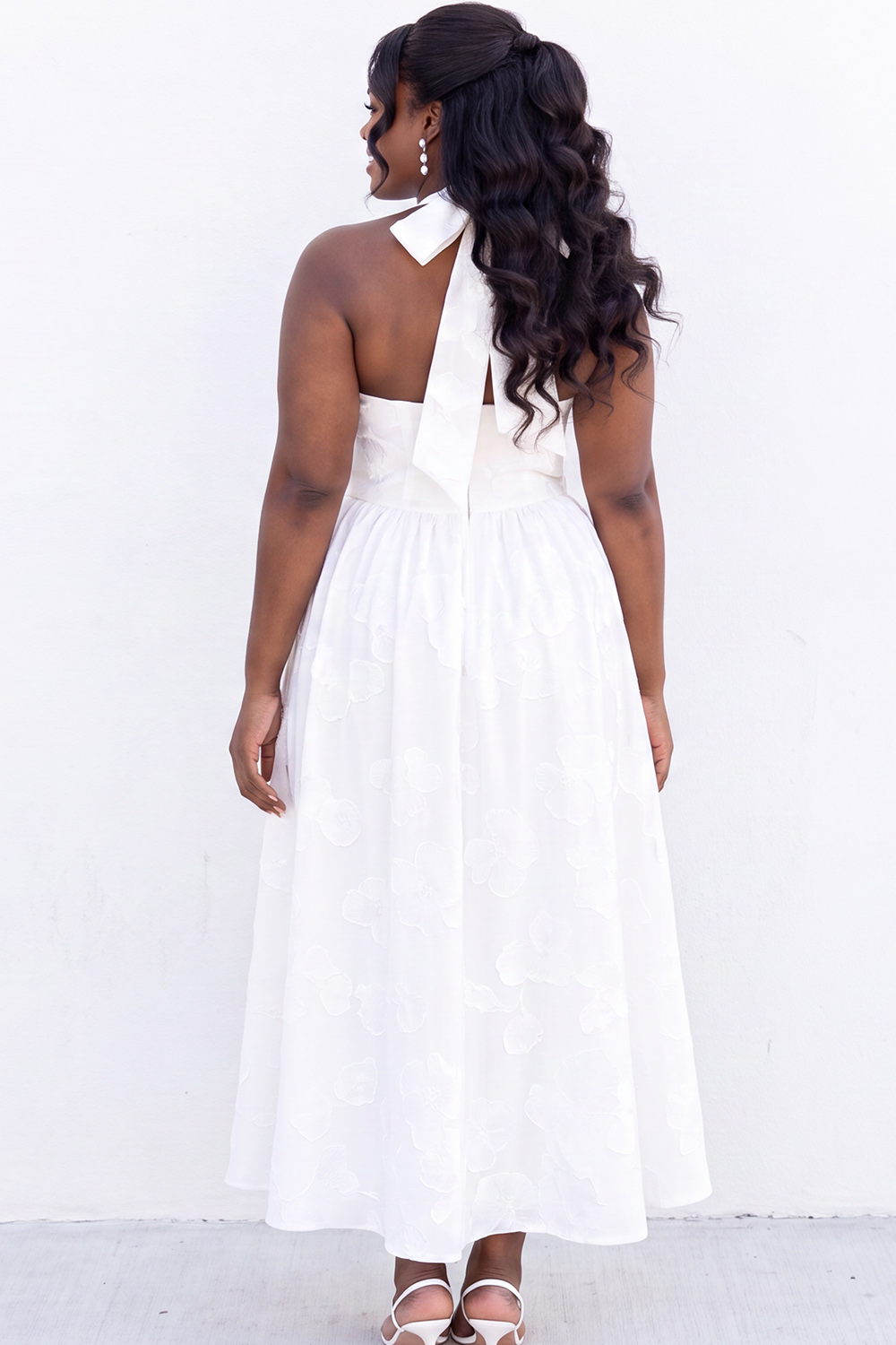 Blush Pink A-Line Halter Floral Midi Plus Size Wedding Guest Dress