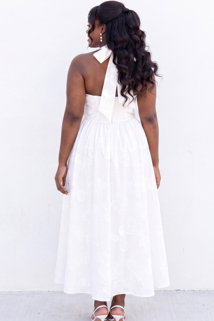 Blush Pink A-Line Halter Floral Midi Plus Size Wedding Guest Dress