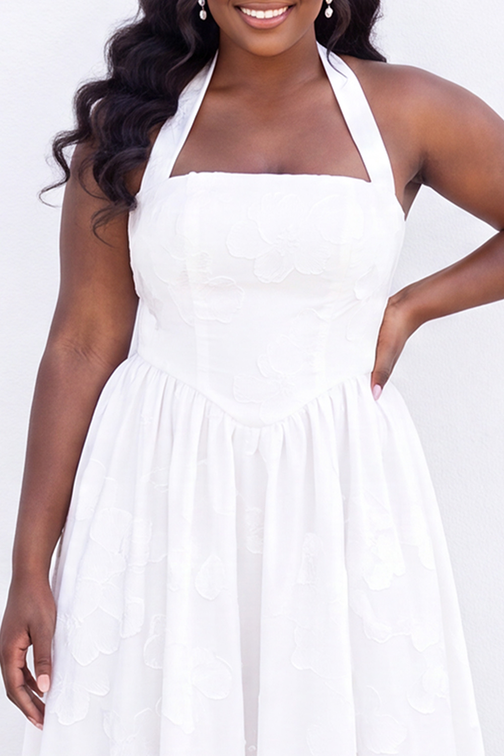 Blush Pink A-Line Halter Floral Midi Plus Size Wedding Guest Dress