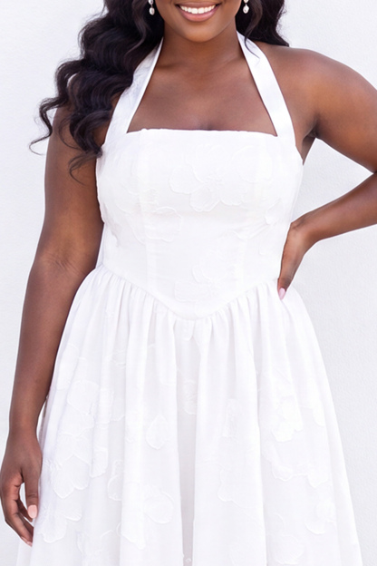 Blush Pink A-Line Halter Floral Midi Plus Size Wedding Guest Dress