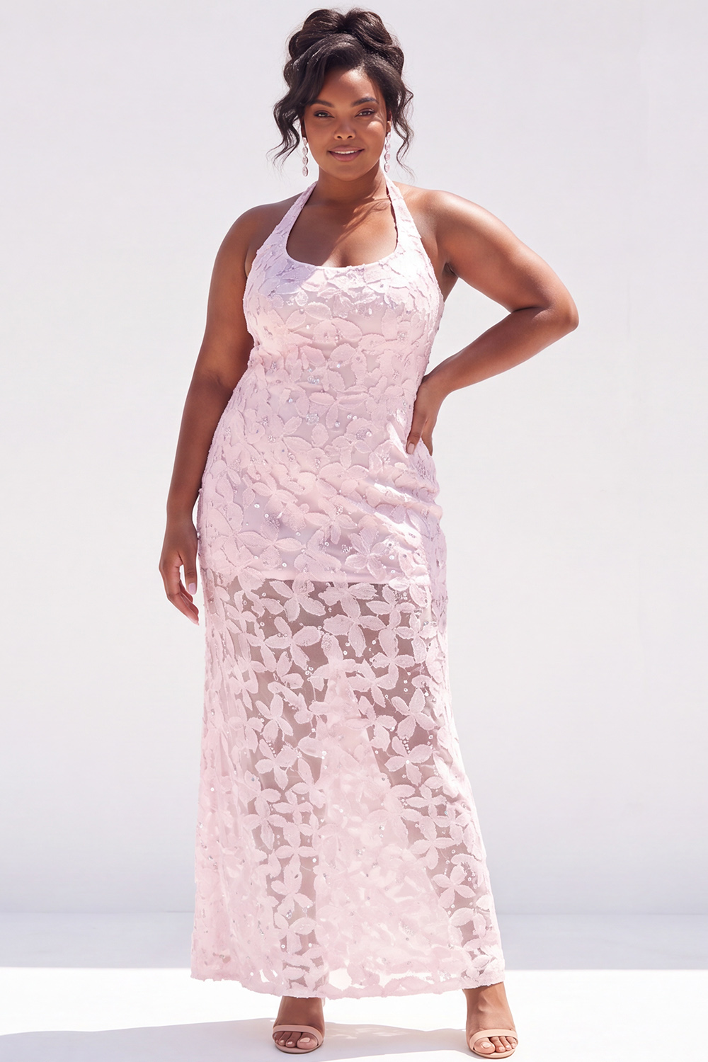 Plus Size Dusty Pink Sheath Halter Floral Maxi Wedding Guest Dress