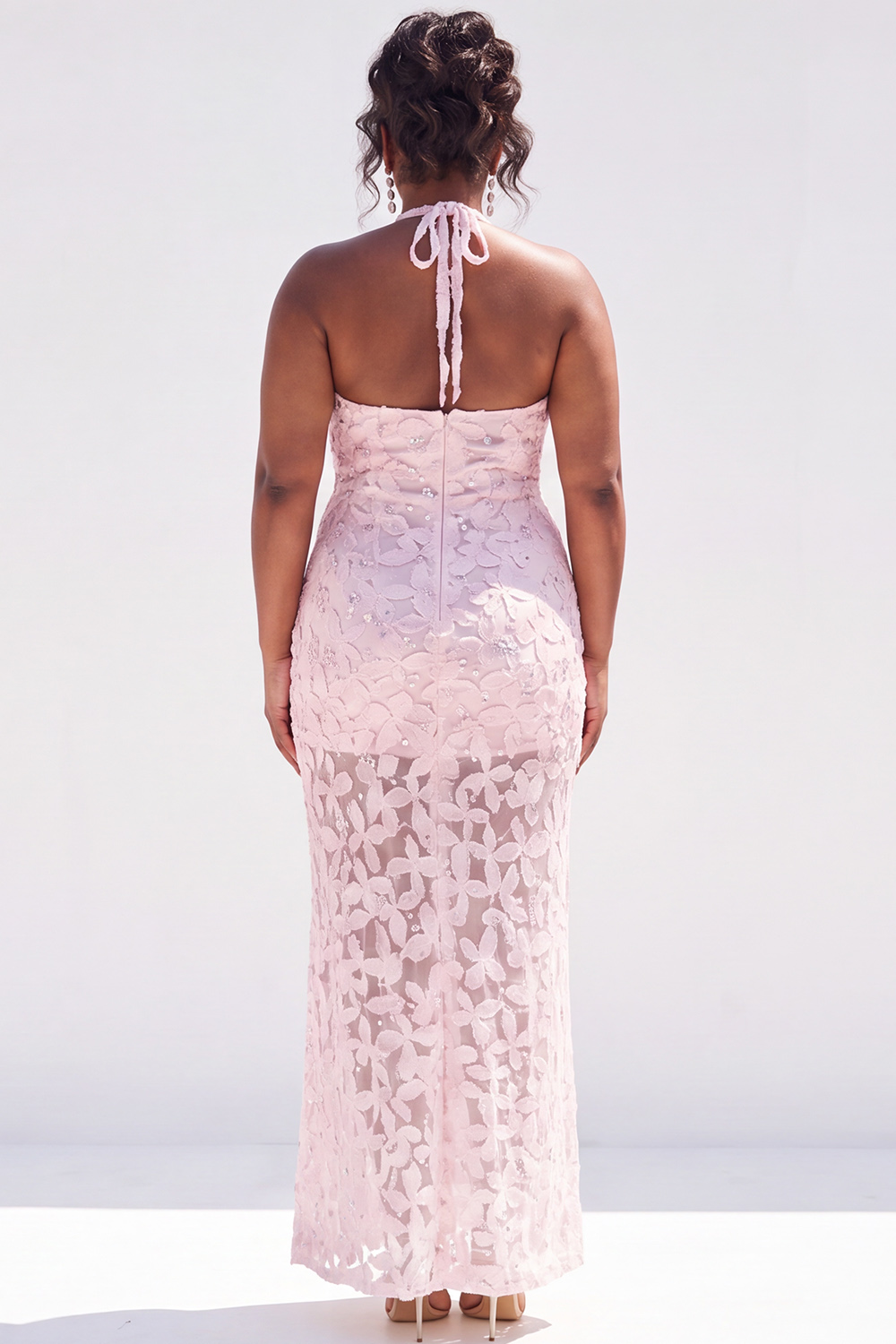Plus Size Dusty Pink Sheath Halter Floral Maxi Wedding Guest Dress