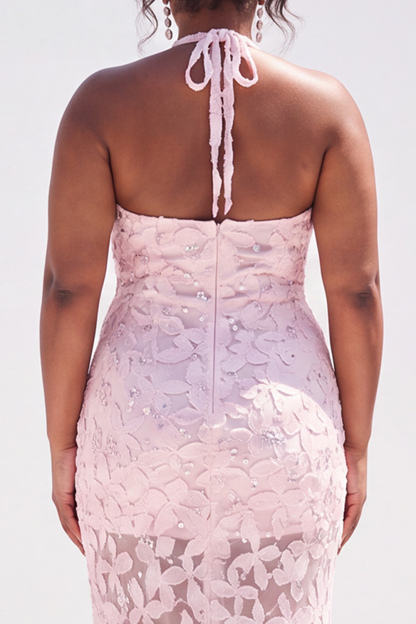 Plus Size Dusty Pink Sheath Halter Floral Maxi Wedding Guest Dress