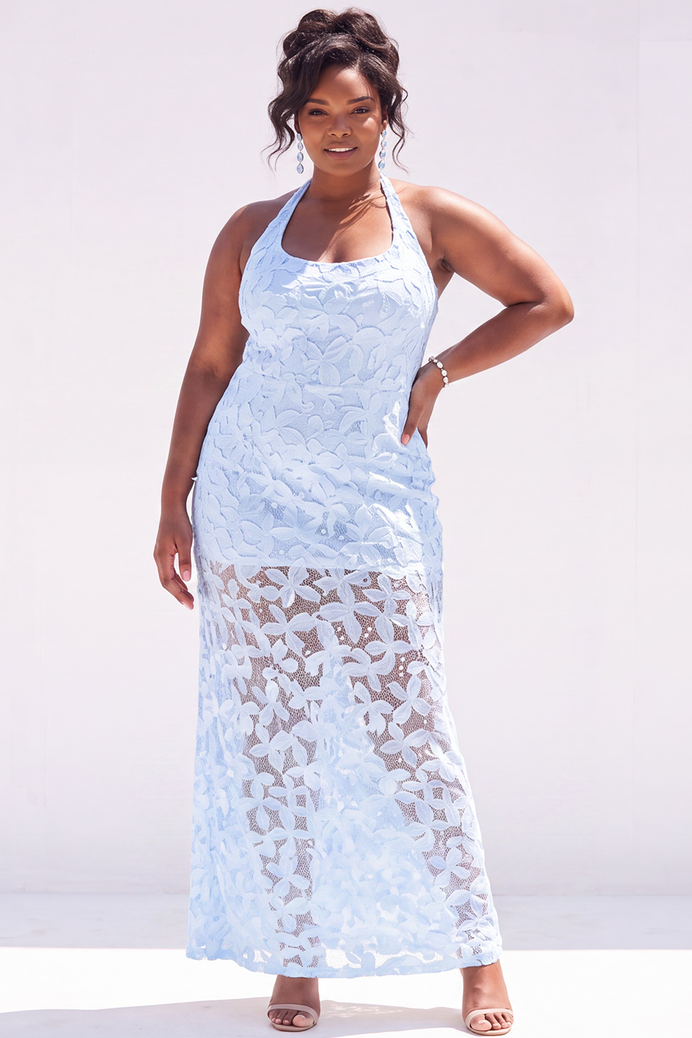 Plus Size Dusty Pink Sheath Halter Floral Maxi Wedding Guest Dress