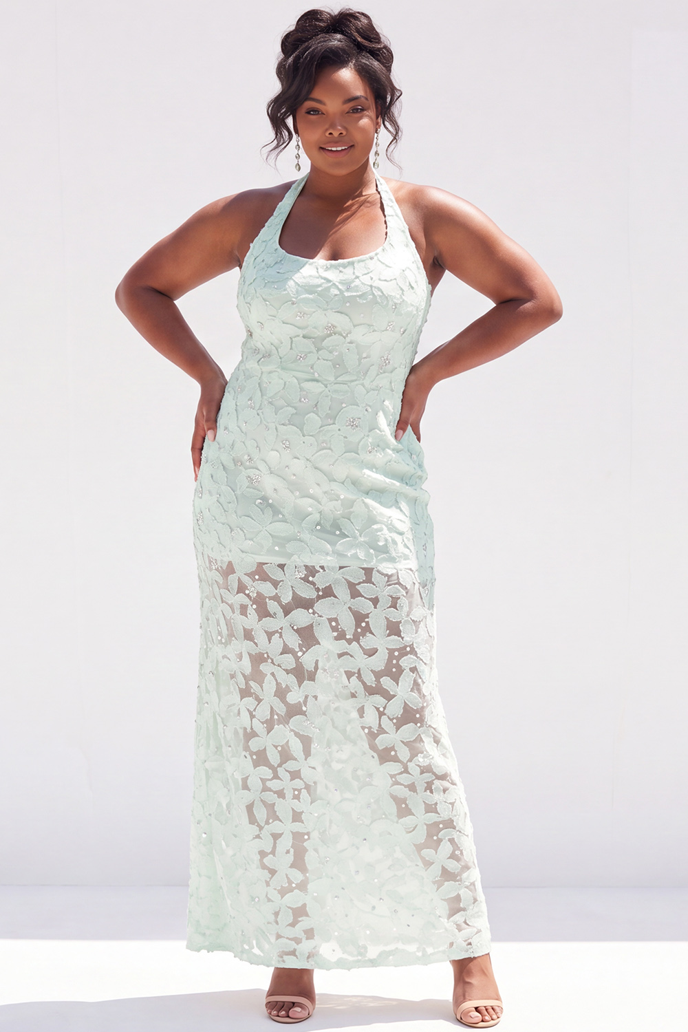 Plus Size Dusty Pink Sheath Halter Floral Maxi Wedding Guest Dress