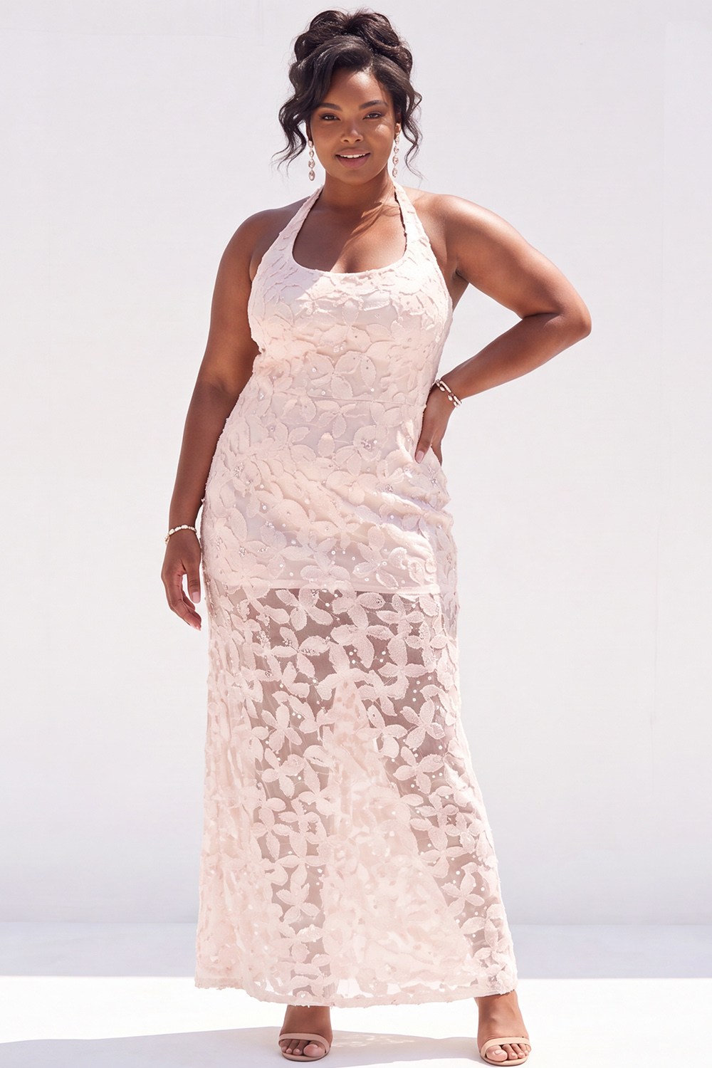 Plus Size Dusty Pink Sheath Halter Floral Maxi Wedding Guest Dress