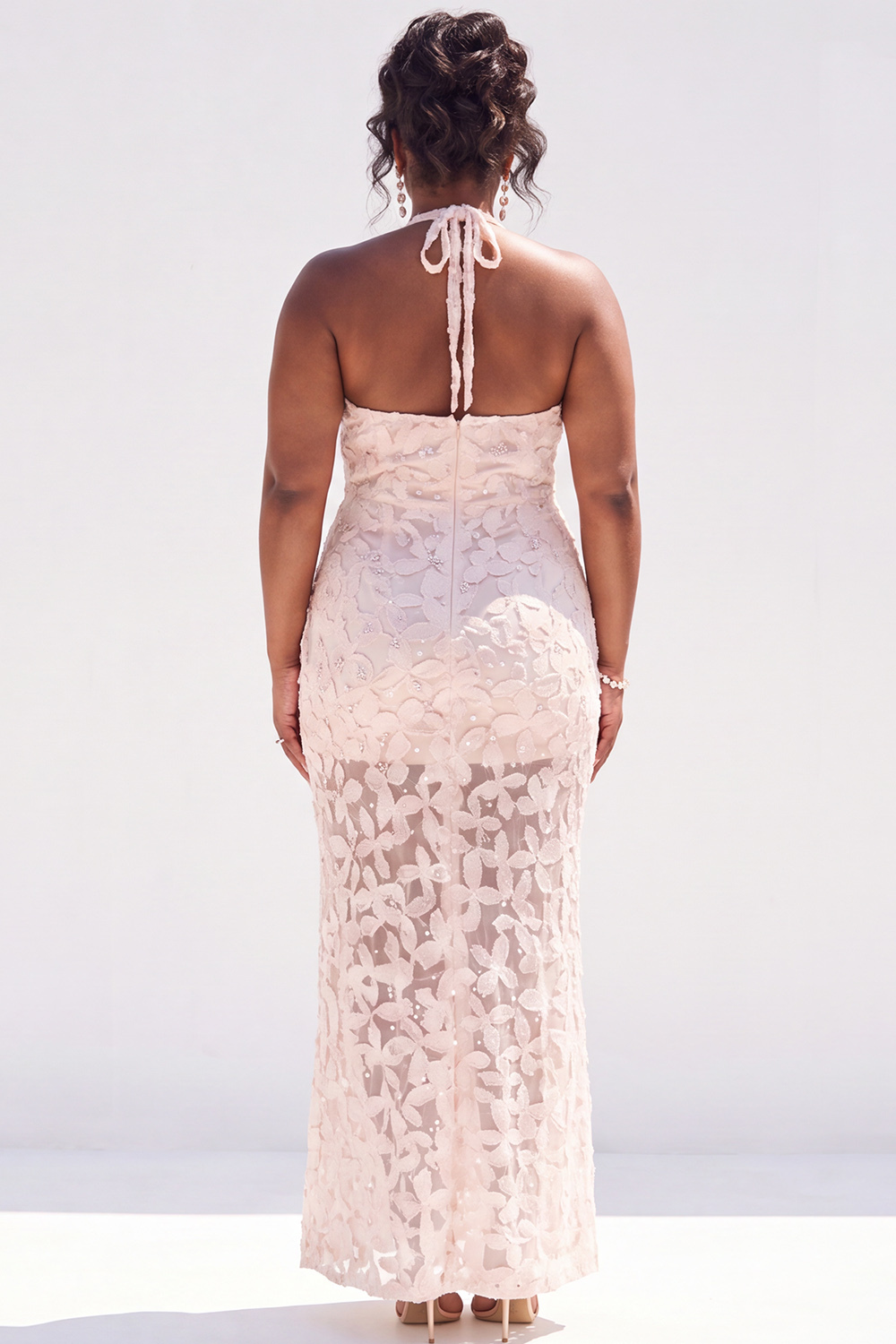 Plus Size Dusty Pink Sheath Halter Floral Maxi Wedding Guest Dress