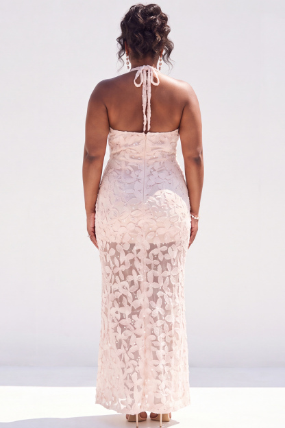 Plus Size Dusty Pink Sheath Halter Floral Maxi Wedding Guest Dress
