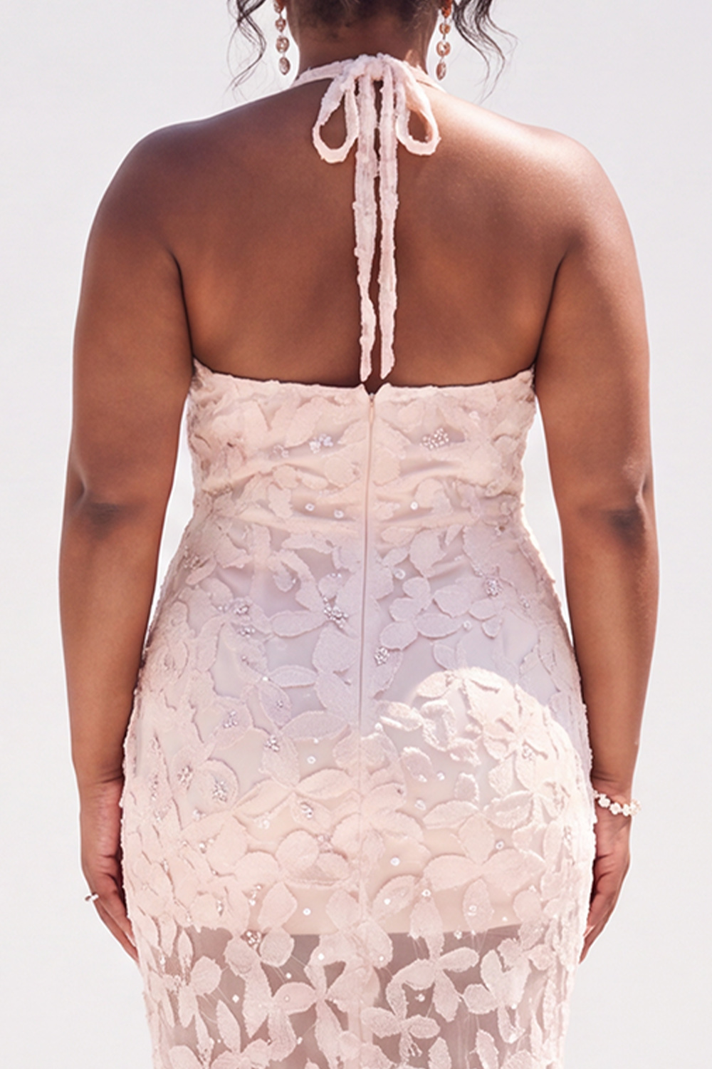 Plus Size Dusty Pink Sheath Halter Floral Maxi Wedding Guest Dress