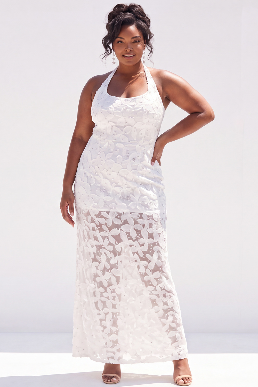 Dressself Women Dusty Pink Maxi Wedding Guest Dress Plus Size Lace Halter Floral Party Dress