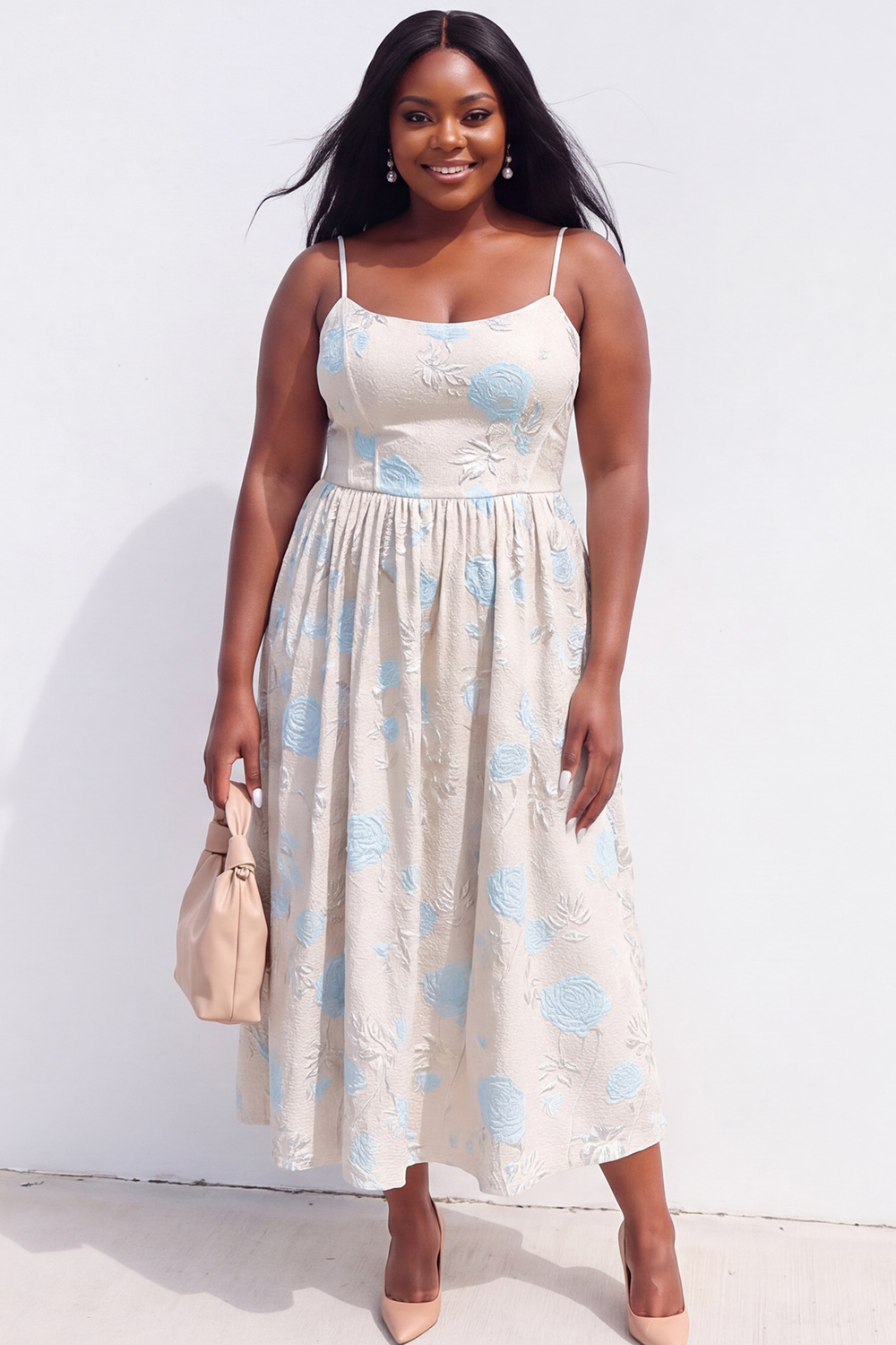 Blue Rose A-Line Jacquard Midi Plus Size Wedding Guest Dress