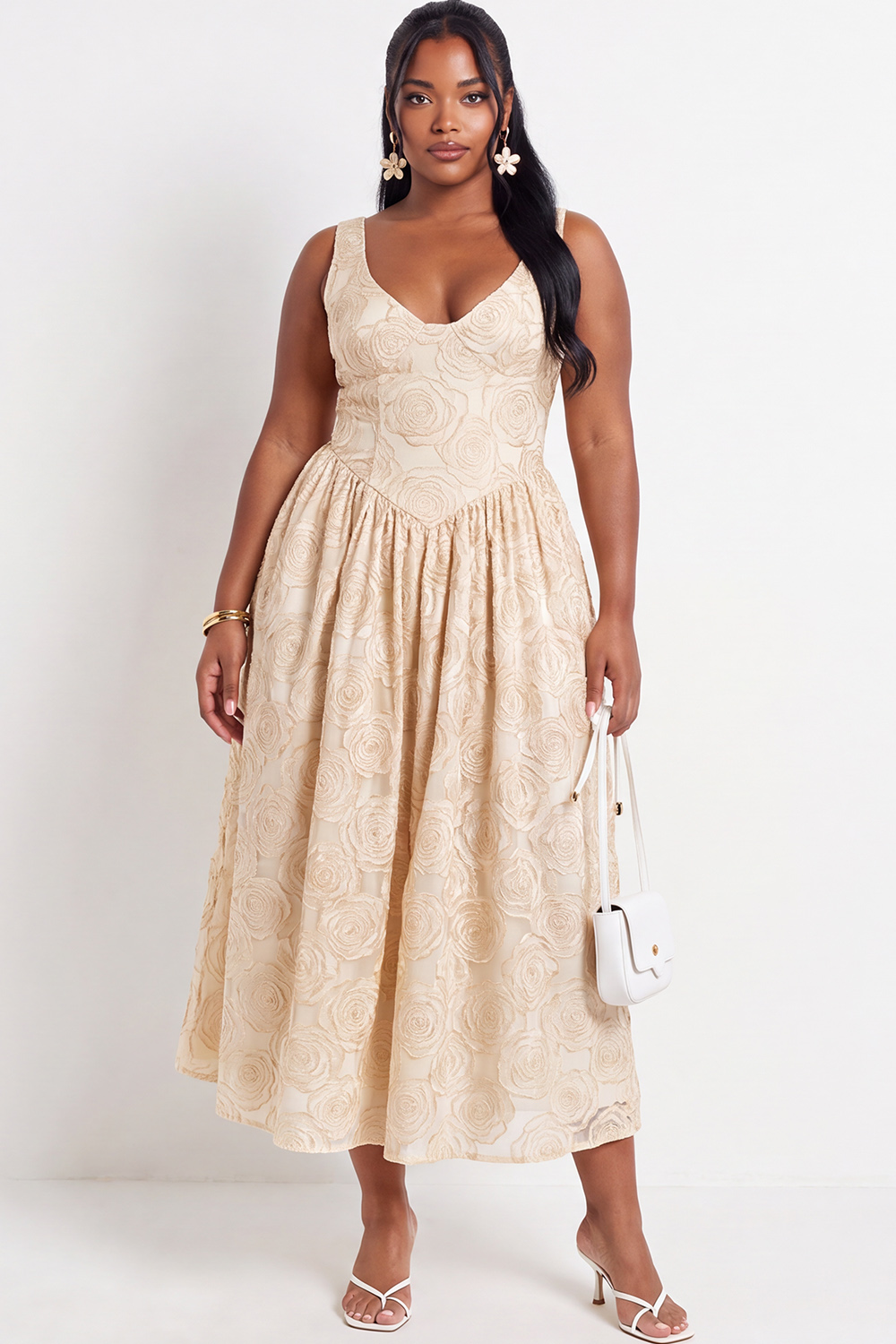 Beige Floral Plus Size A-Line V-Neck Midi Wedding Guest Dress