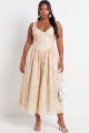 Champagne Floral Jacquard Plus Size A Line V Neck Midi Wedding Guest Dress
