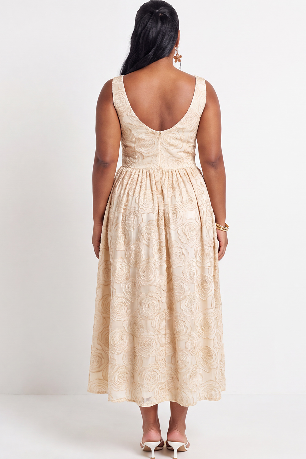 Beige Floral Plus Size A-Line V-Neck Midi Wedding Guest Dress