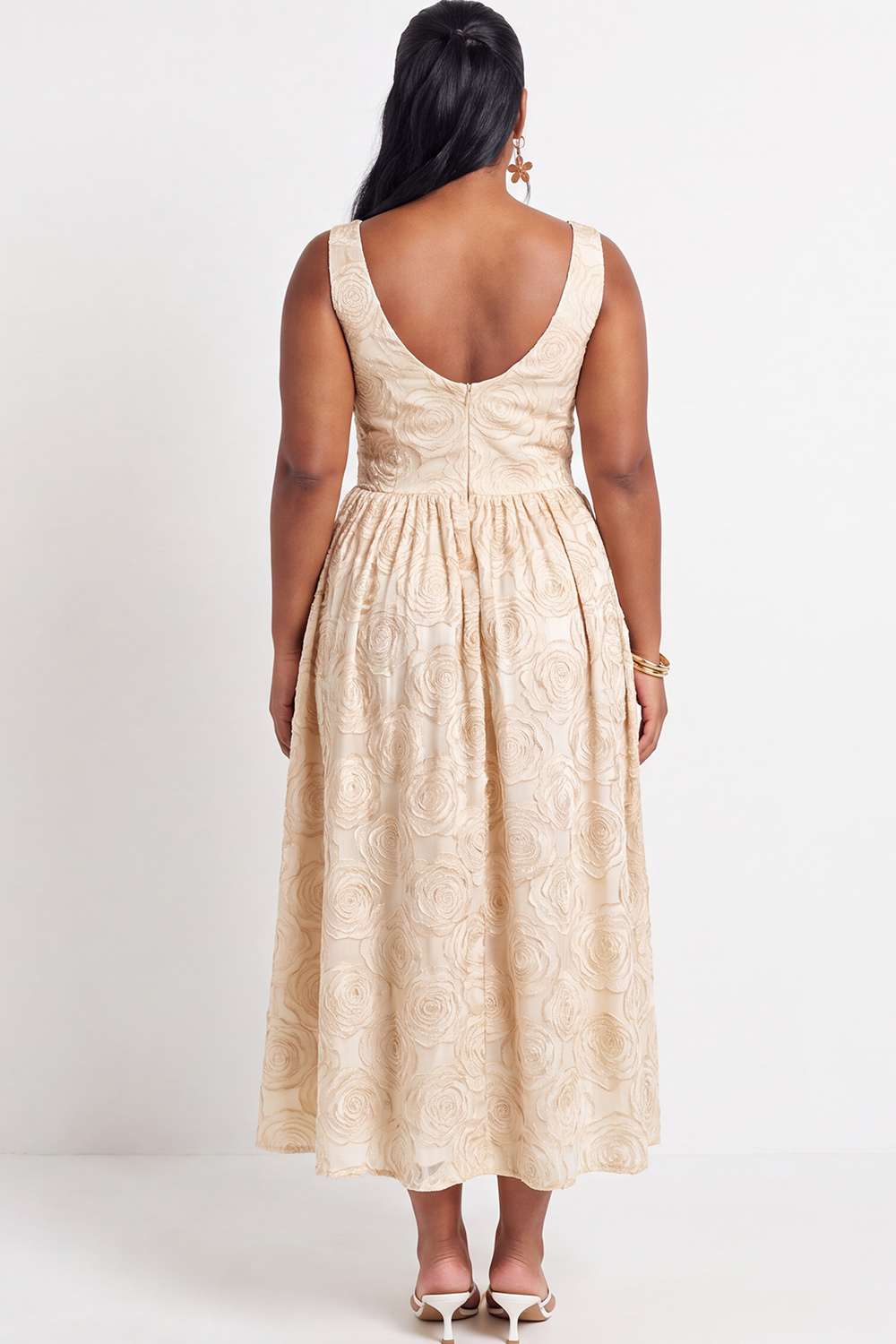 Beige Floral Plus Size A-Line V-Neck Midi Wedding Guest Dress