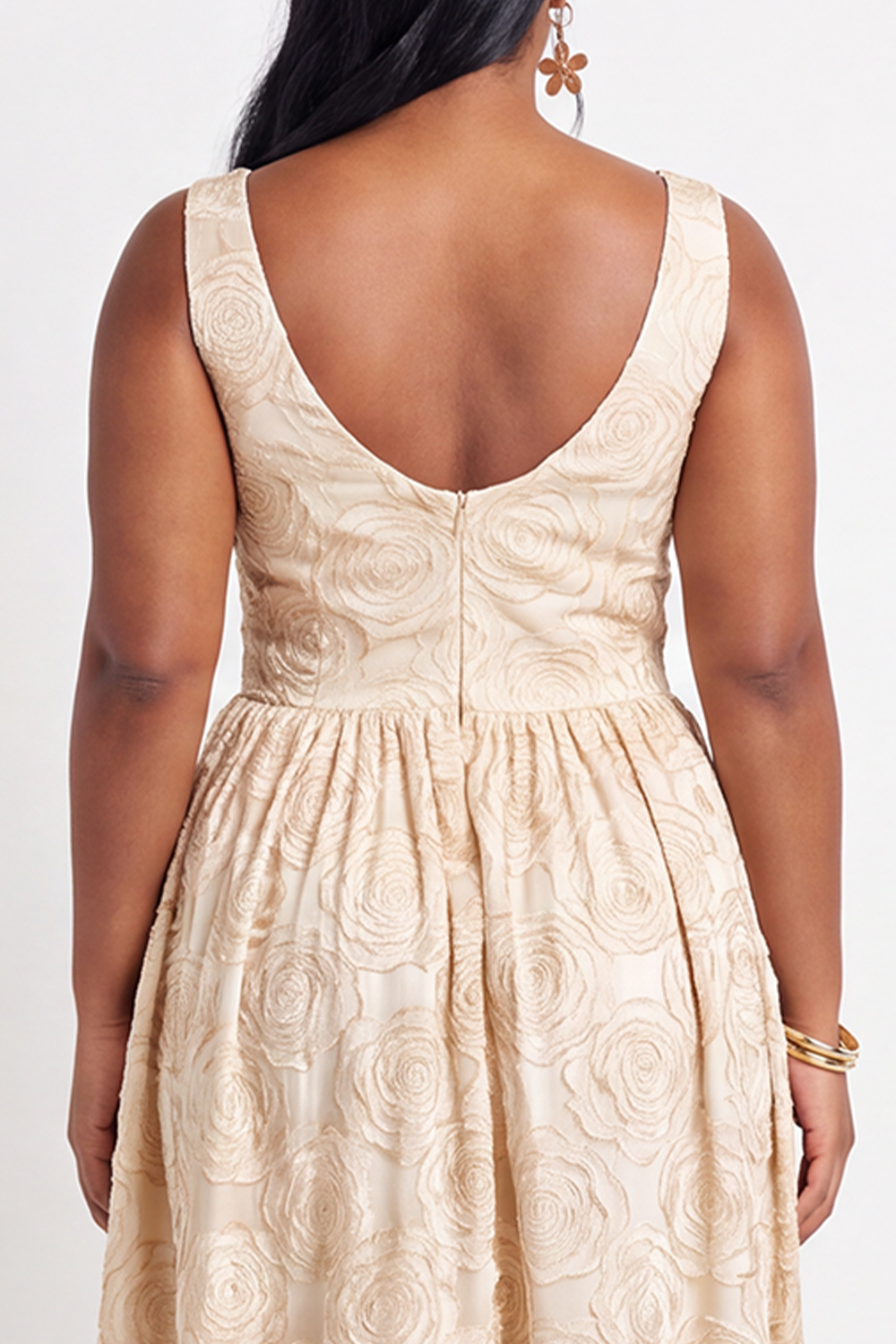 Beige Floral Plus Size A-Line V-Neck Midi Wedding Guest Dress