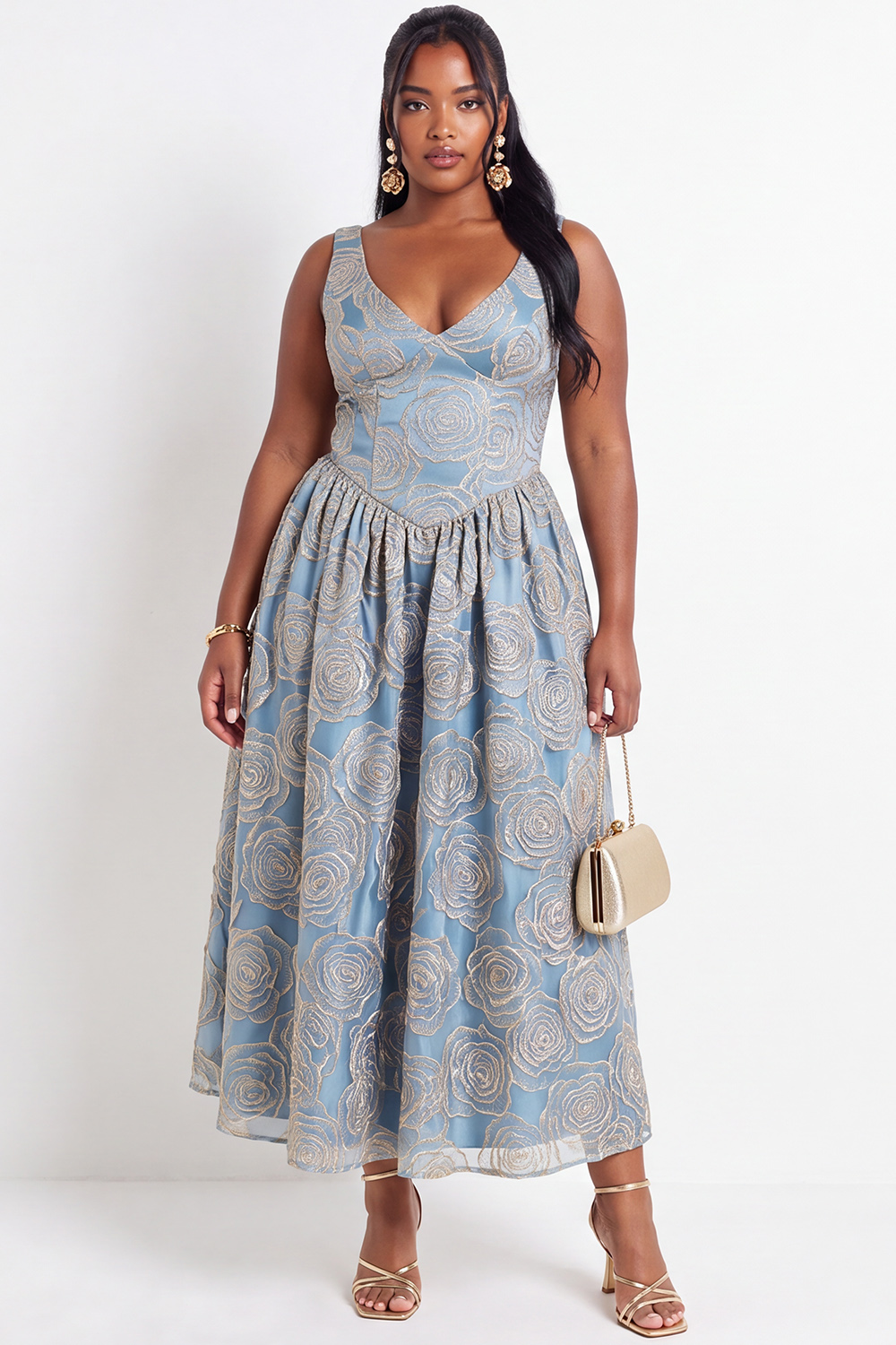 Beige Floral Plus Size A-Line V-Neck Midi Wedding Guest Dress