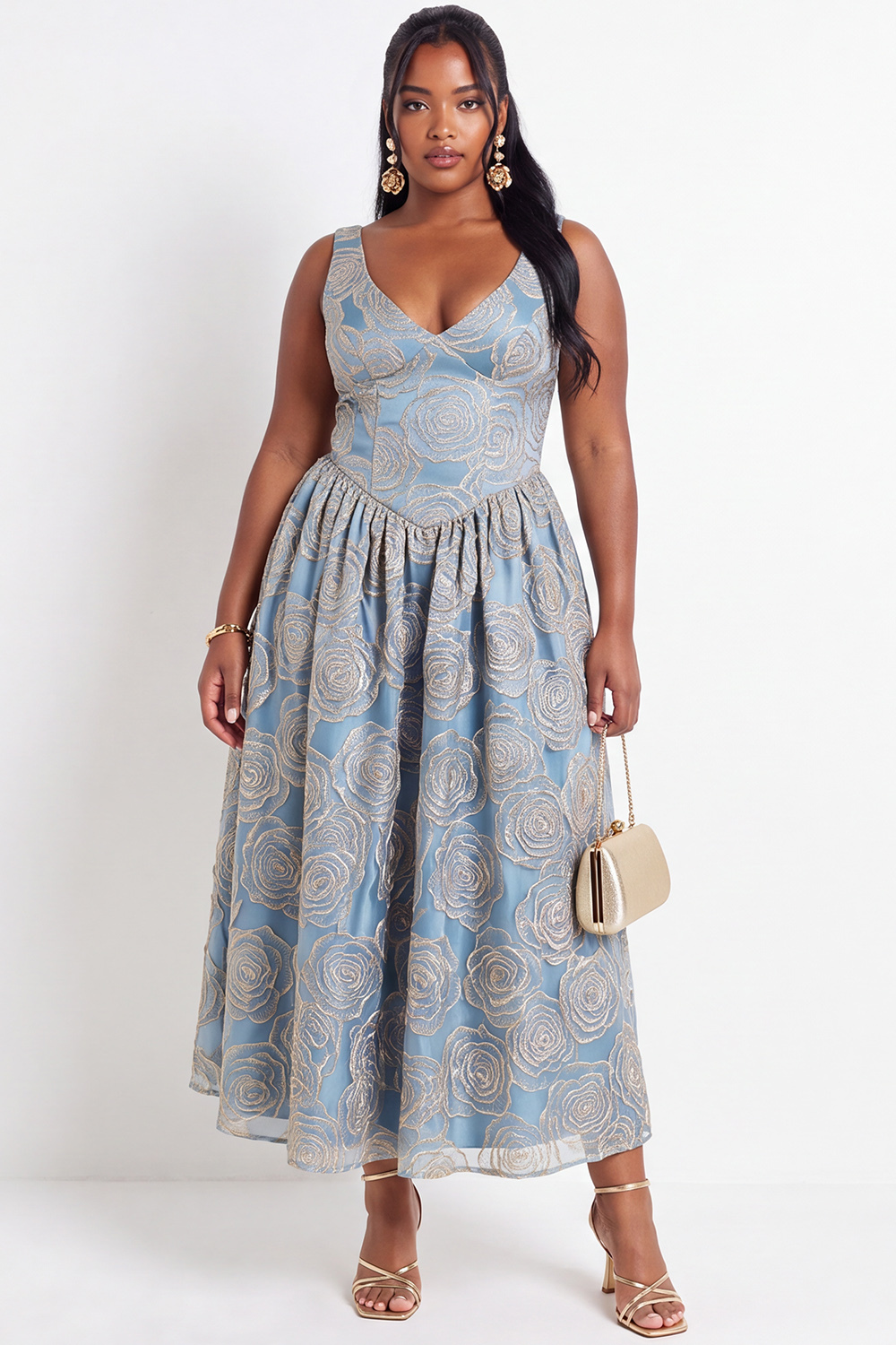 Beige Floral Plus Size A-Line V-Neck Midi Wedding Guest Dress