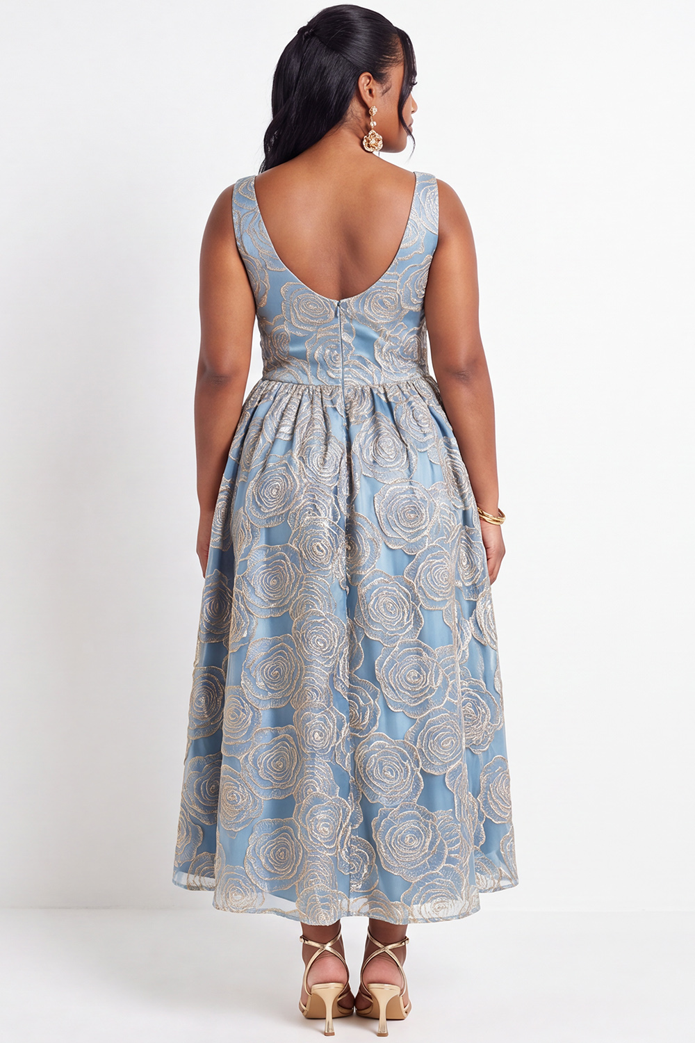 Beige Floral Plus Size A-Line V-Neck Midi Wedding Guest Dress