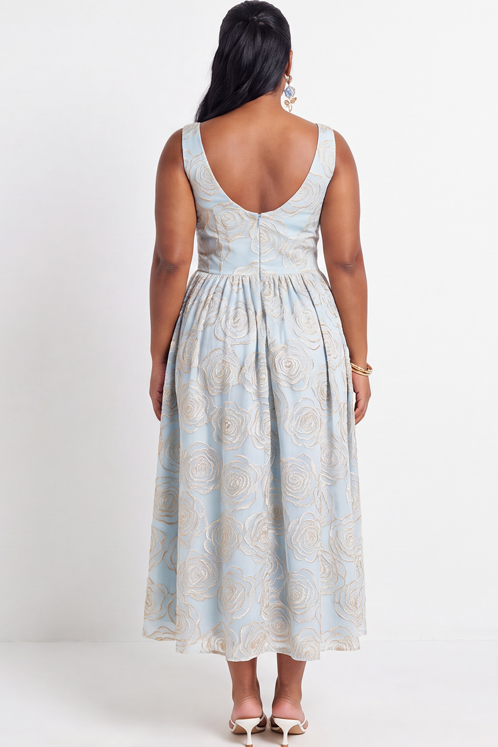 Beige Floral Plus Size A-Line V-Neck Midi Wedding Guest Dress