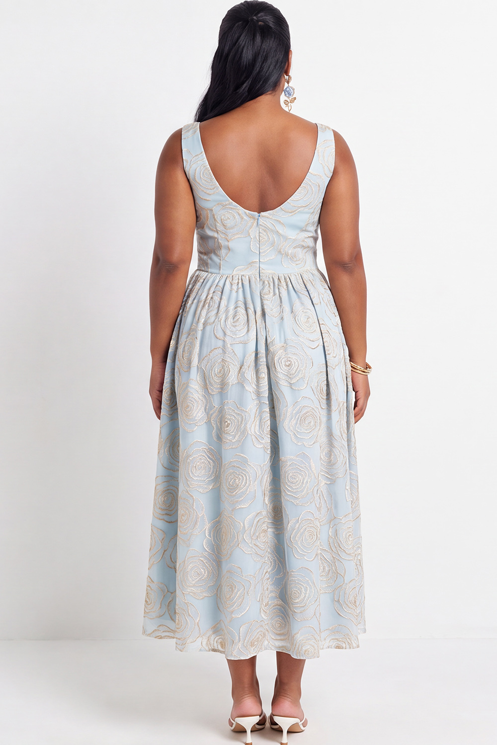 Beige Floral Plus Size A-Line V-Neck Midi Wedding Guest Dress