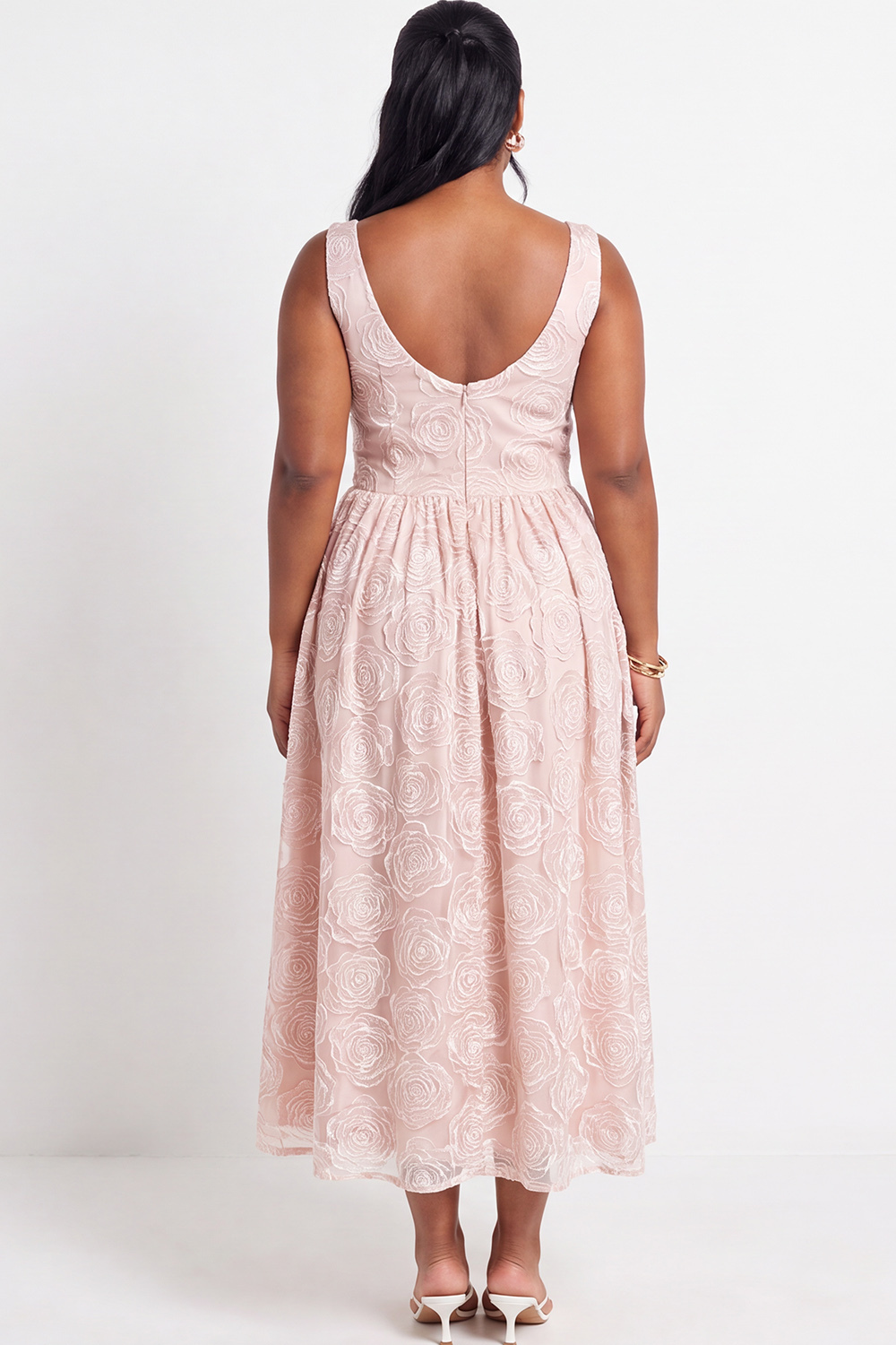 Beige Floral Plus Size A-Line V-Neck Midi Wedding Guest Dress