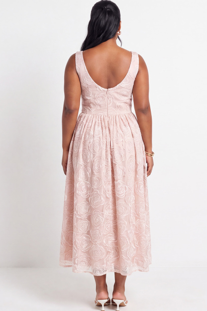Beige Floral Plus Size A-Line V-Neck Midi Wedding Guest Dress