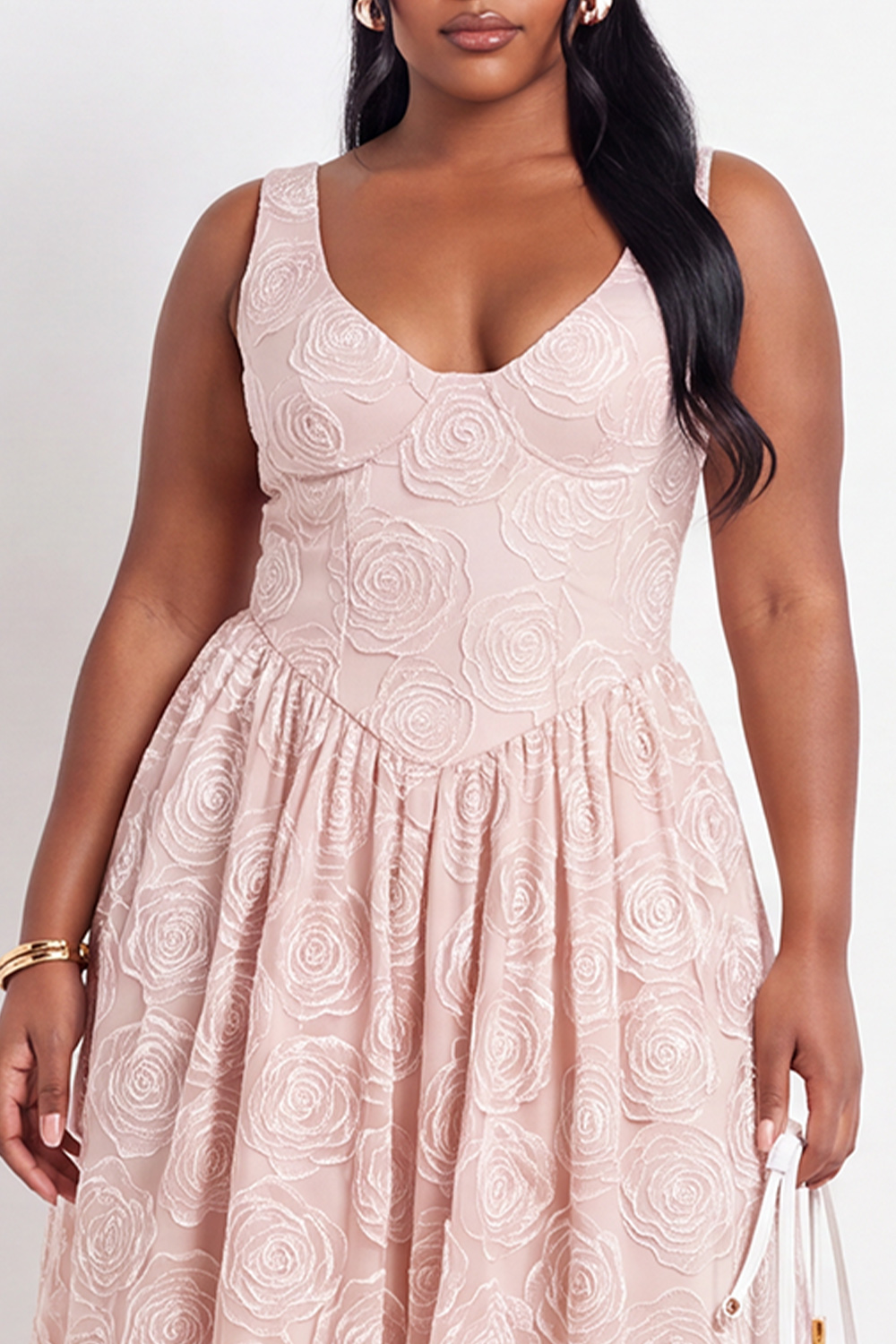Beige Floral Plus Size A-Line V-Neck Midi Wedding Guest Dress