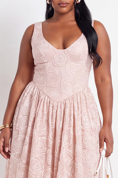 Beige Floral Plus Size A-Line V-Neck Midi Wedding Guest Dress