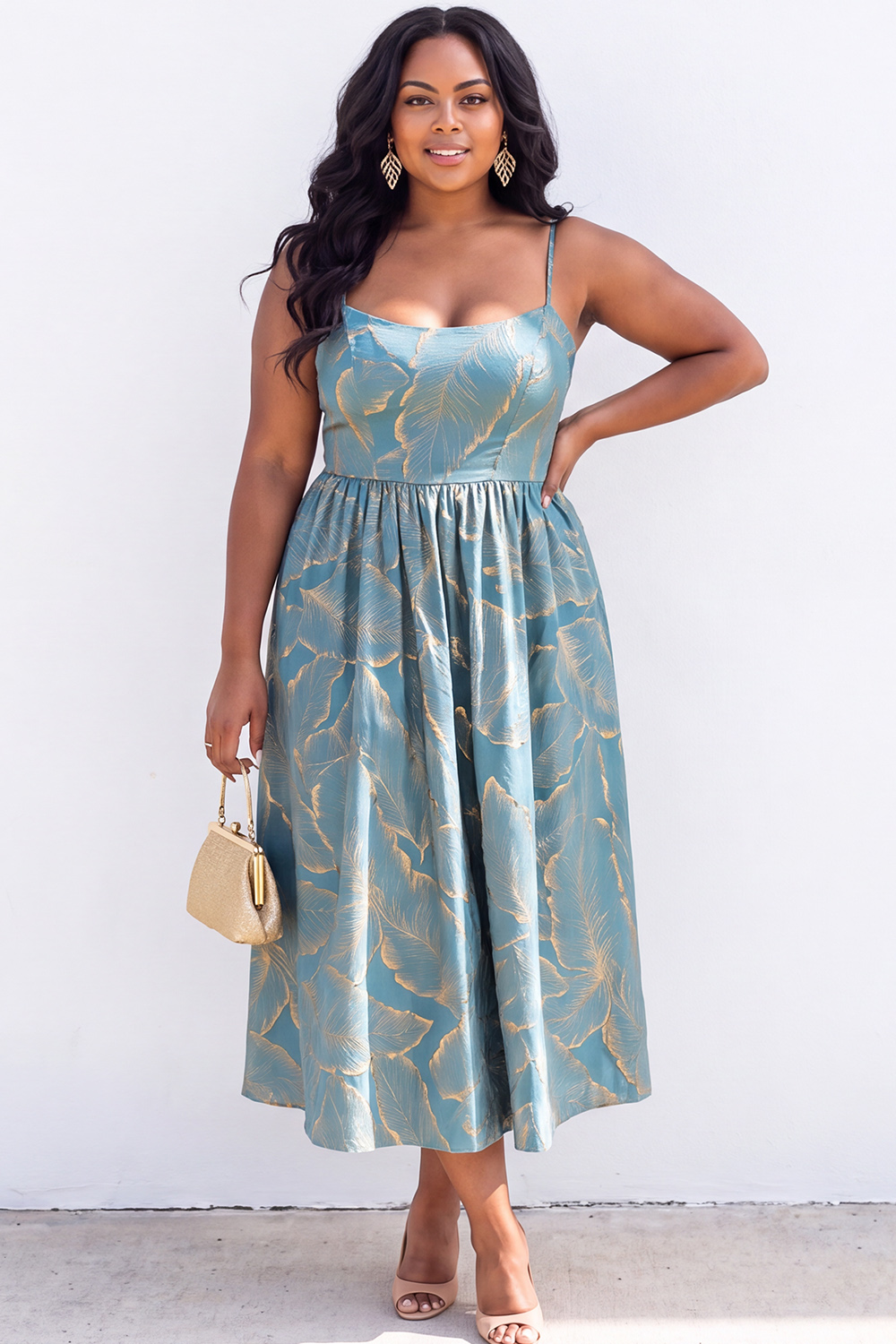 Blue A-Line Printed Midi Plus Size Wedding Guest Dress