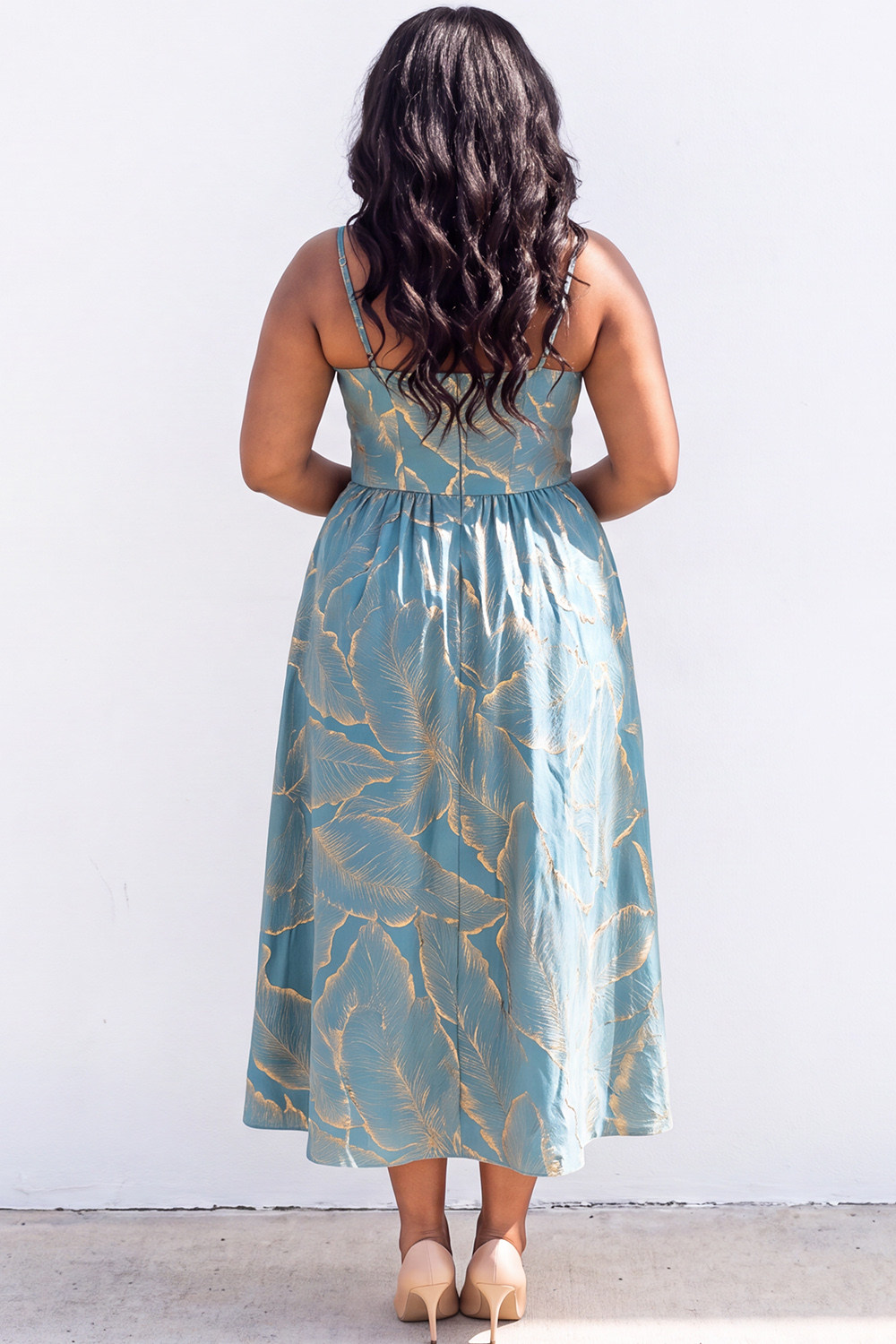 Blue A-Line Printed Midi Plus Size Wedding Guest Dress